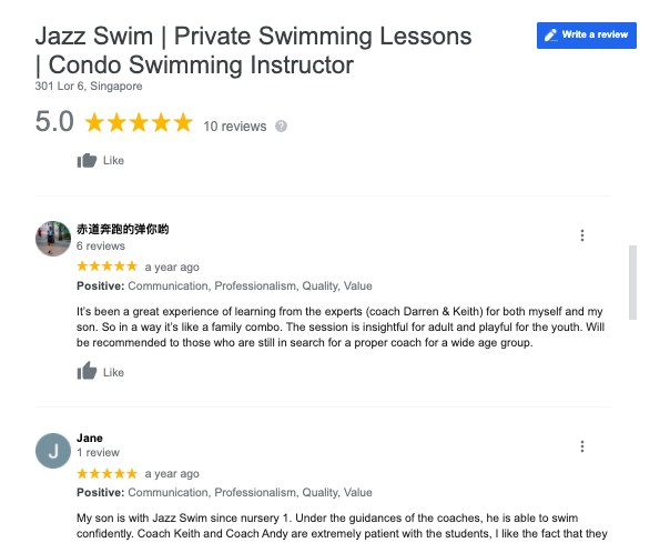 Parents comments on our swimming lessons